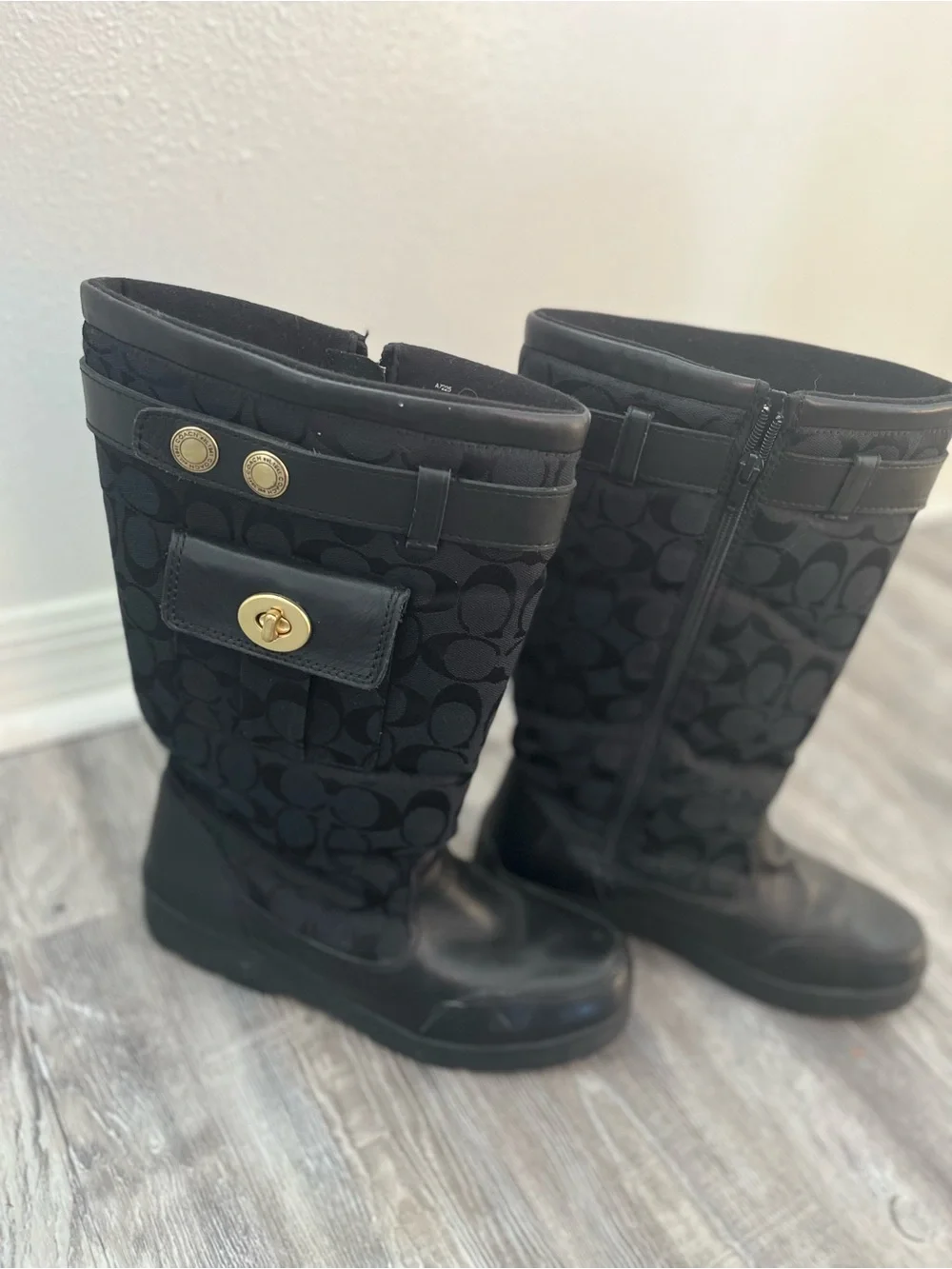 Coach Black Signature Canvas Mid-Calf Boots with Gold Hardware